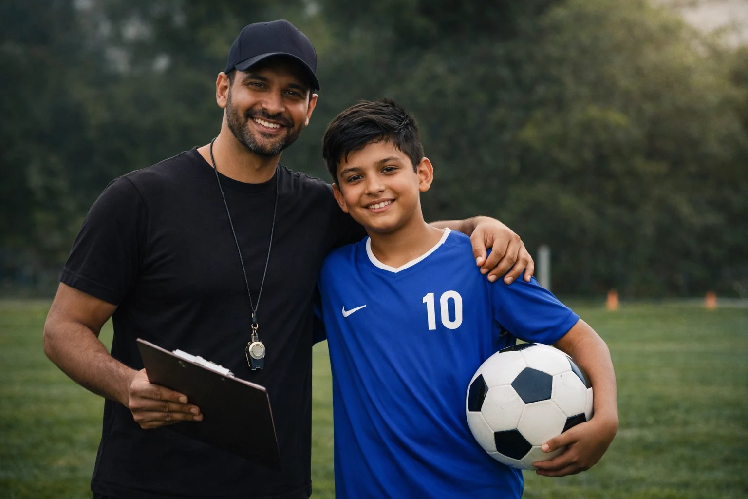 Coaches training young athletes in sports fundamentals